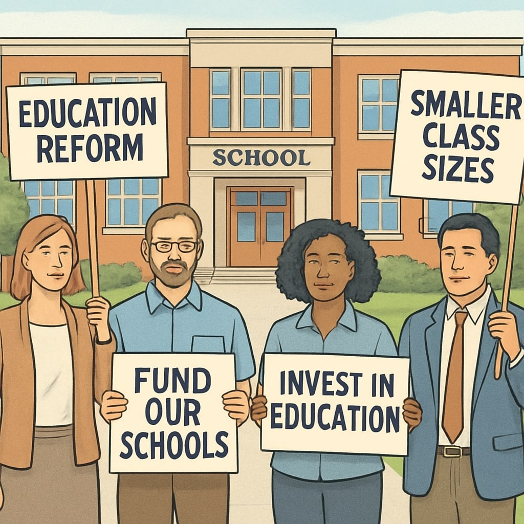 A group of protesting teachers holding signs advocating for education reform, outside a school building. Teachers protesting for education reform, showcasing Teacherless Tuesday.