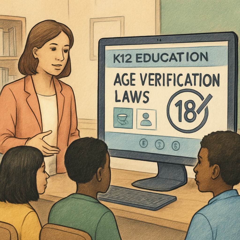 A teacher guiding students through an online educational platform, illustrating the challenges of age verification laws in K12 education. Teacher assisting students on an educational platform affected by age verification laws.