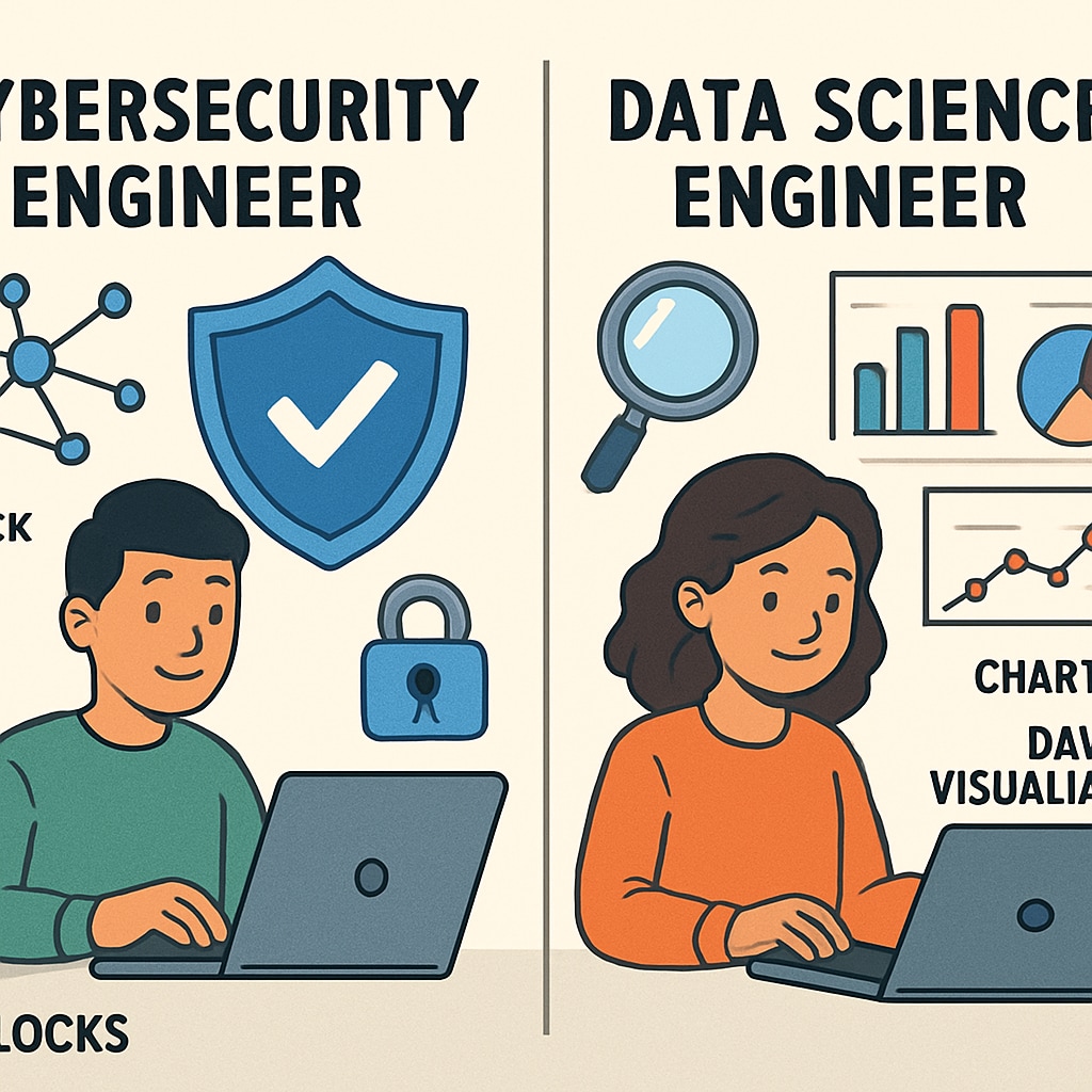 A visual comparison of cybersecurity and data science engineering roles to help K12 students understand career differences. Cybersecurity vs. data science engineering career roles comparison for K12 students.