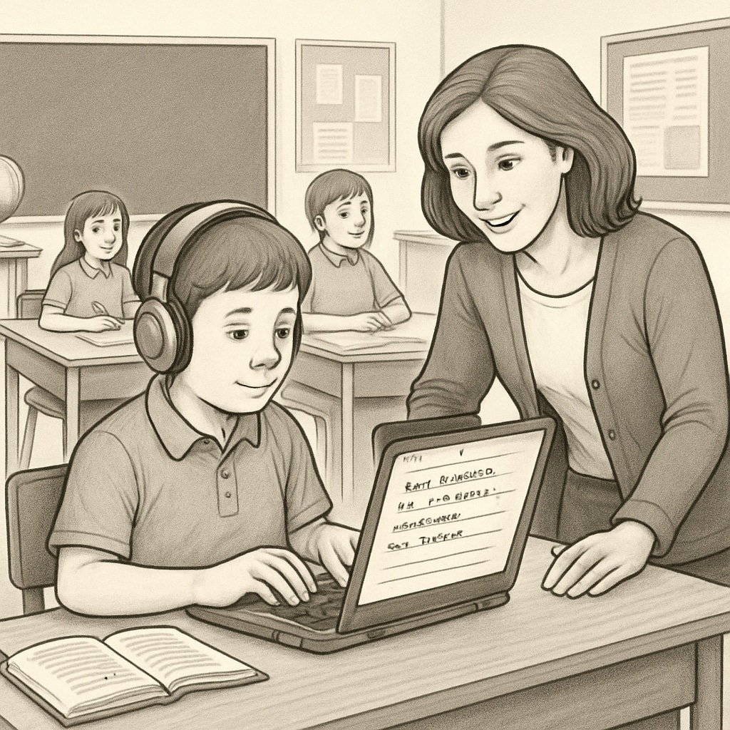 A student with learning disabilities studying in a classroom with adaptive tools, such as a laptop with speech-to-text software and a supportive teacher. Student using assistive tools in a classroom to overcome learning disabilities in pursuit of medical dreams.