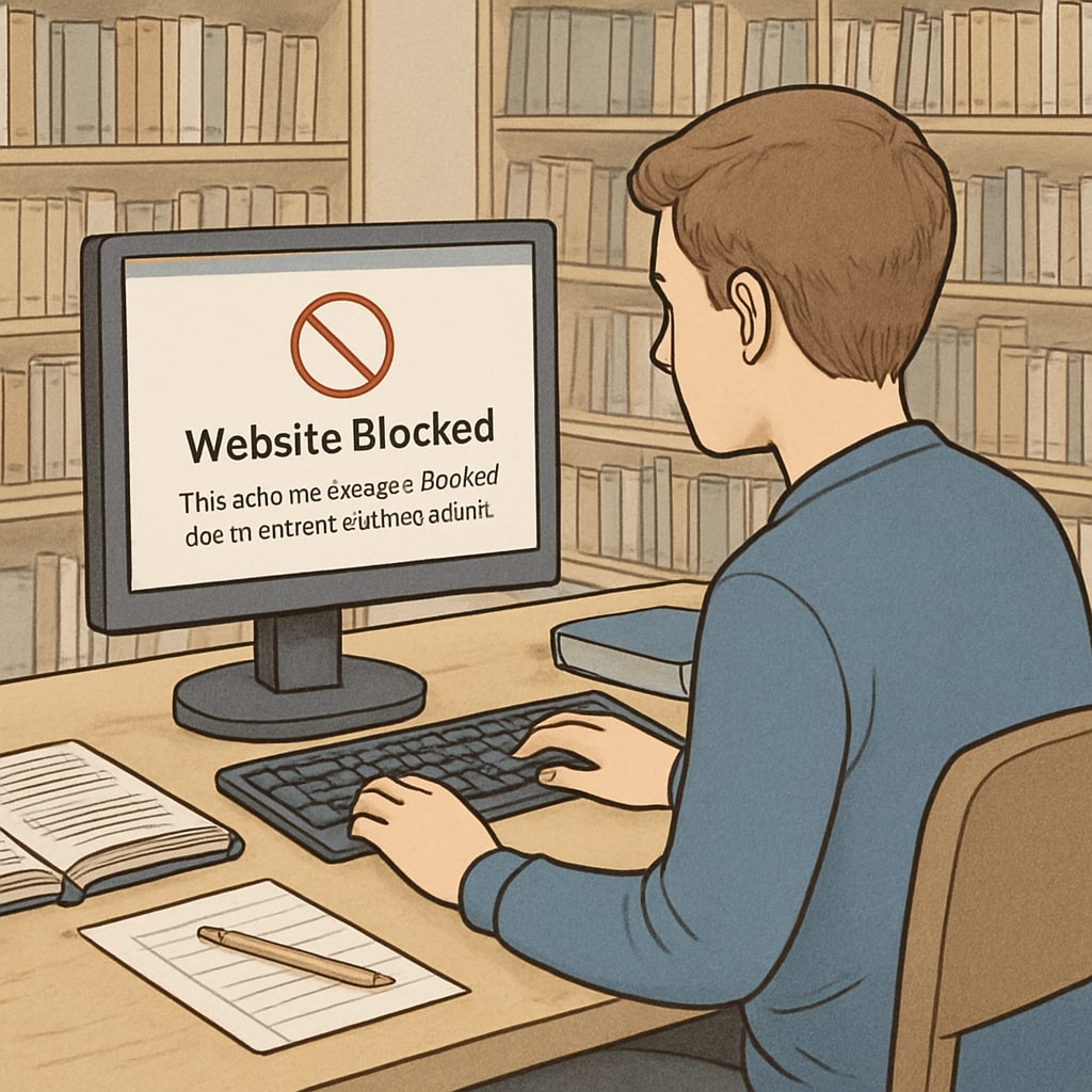 A student using a restricted library computer, displaying a blocked website due to content restriction policies. Student facing blocked website due to content restriction in a school library.