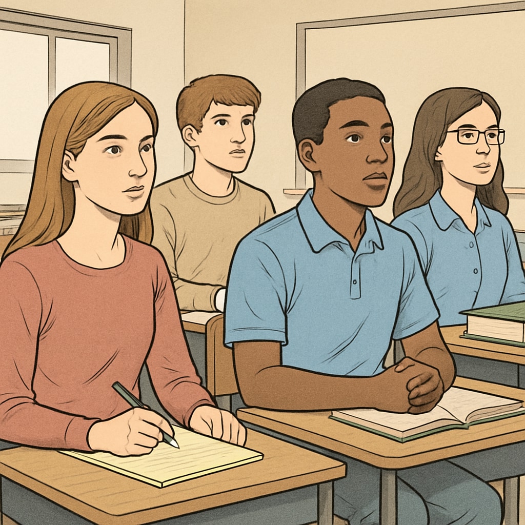 A group of high school students attentively listening to a speaker during a seminar. High school students participating in a mental health seminar.