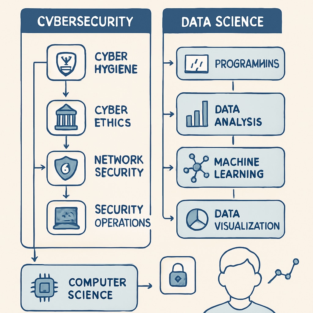 A roadmap for K12 students outlining cybersecurity and data science learning paths. Learning pathways for cybersecurity and data science careers for K12 students.