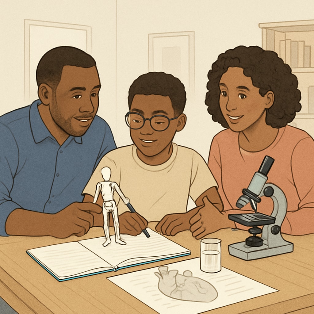 A family supporting their child with learning disabilities at home, working together on a science project to encourage their medical aspirations. Family helping a child with learning disabilities on a science project to support their medical career aspirations.