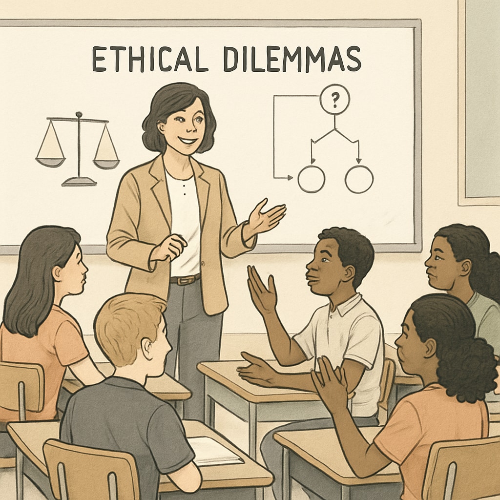 A classroom setting where a teacher is leading a discussion on ethical dilemmas, promoting active student participation. Philosophy teacher leading a discussion with K12 students to explore ethical dilemmas.