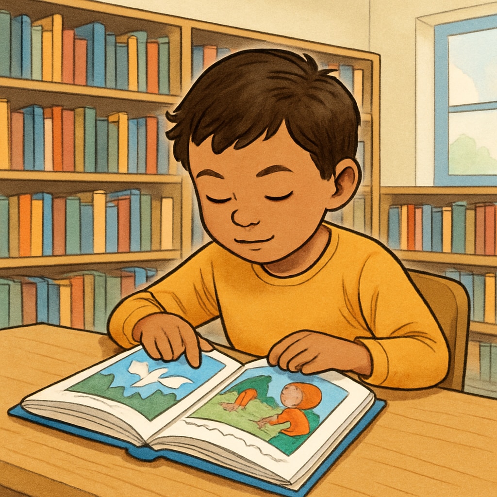 A young student reading a colorful book at a school library table. The child appears deeply engaged in the story. Elementary student reading a book about reading comprehension and literacy.