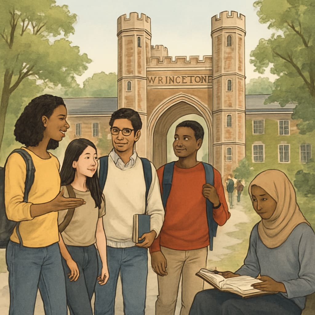 A group of students on Princeton's campus, representing the diversity and challenges of the Ivy League experience. Princeton students, Ivy League challenges, campus life