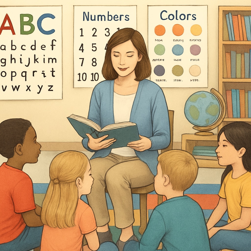 A teacher reading aloud to a group of elementary students sitting cross-legged on a classroom carpet. Educator engaging students in a reading activity to improve literacy comprehension.
