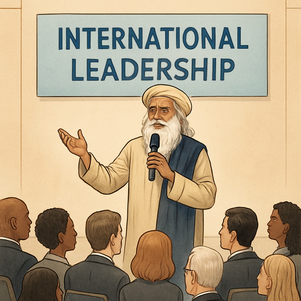 A professional image showing Sadhguru speaking at an international leadership event, symbolizing effective communication and inspiration. Sadhguru addressing a leadership event, emphasizing communication and inspiration.