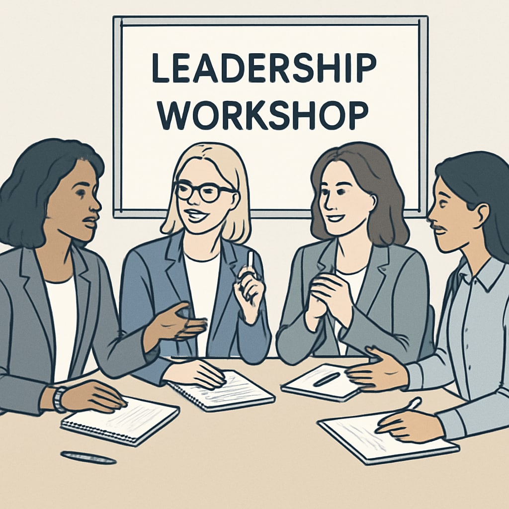 A group of female entrepreneurs participating in a leadership workshop, demonstrating collaboration and communication practices. Female entrepreneurs collaborating in a leadership workshop, focusing on teamwork and communication.