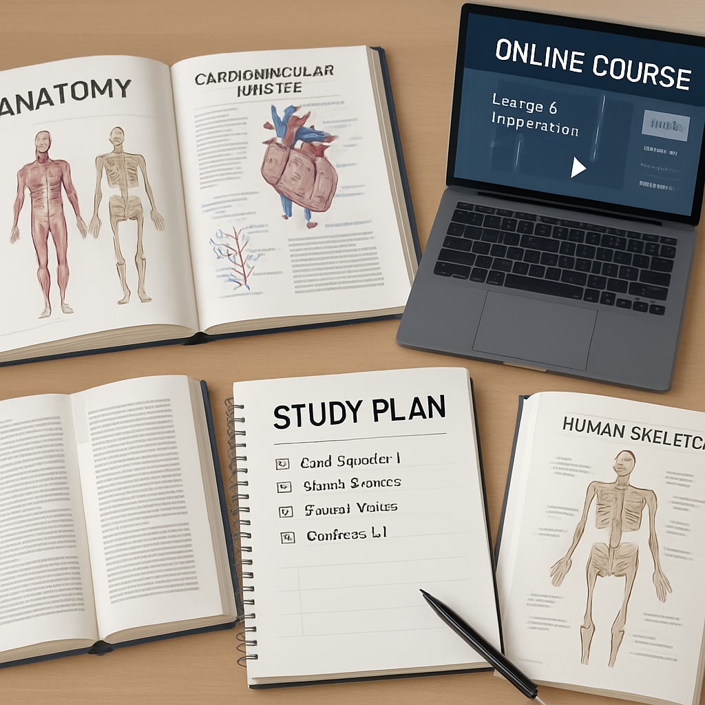 A structured study plan displayed on a desk, including textbooks, a laptop with an online course, and medical diagrams. Systematic learning for non-medical learners using medical education tools.