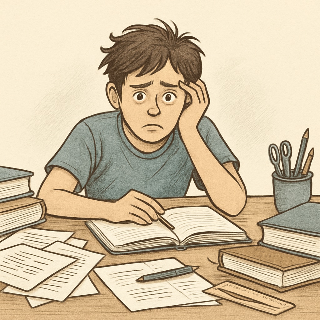 A teenager sitting at a desk looking overwhelmed, symbolizing academic challenges. Teen academic challenges symbolized by a stressed student at a desk.