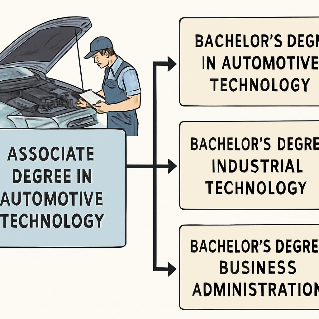 A detailed diagram illustrating the education pathways from an associate degree in automotive technology to different bachelor’s degree programs. Diagram showing pathways to a bachelor’s degree for automotive technology students.