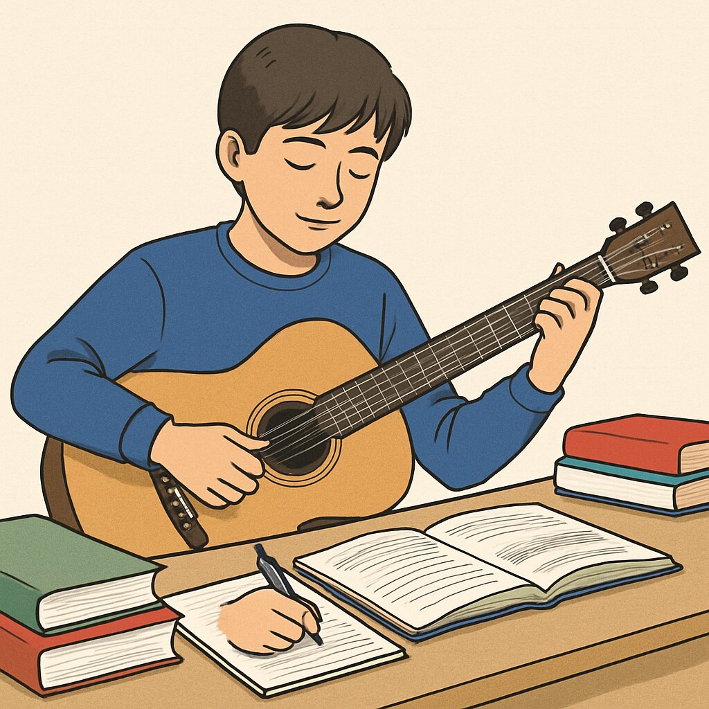 A happy teenager playing guitar while studying, showing the balance between hobbies and academics. Teen balancing hobbies and academics by playing guitar while studying.