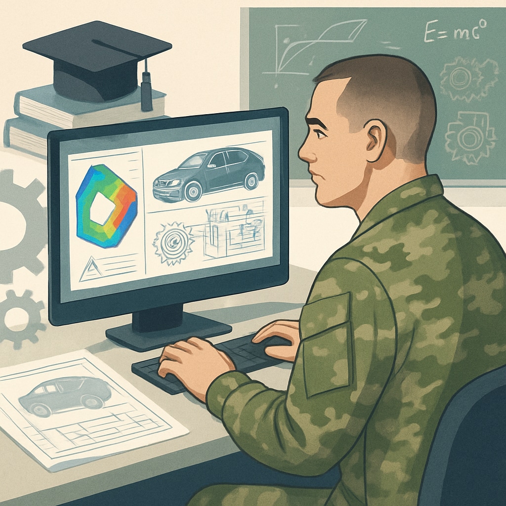 A military veteran working on automotive engineering software, representing the transition from automotive technology to higher education. Automotive technology veteran transitioning to higher education.
