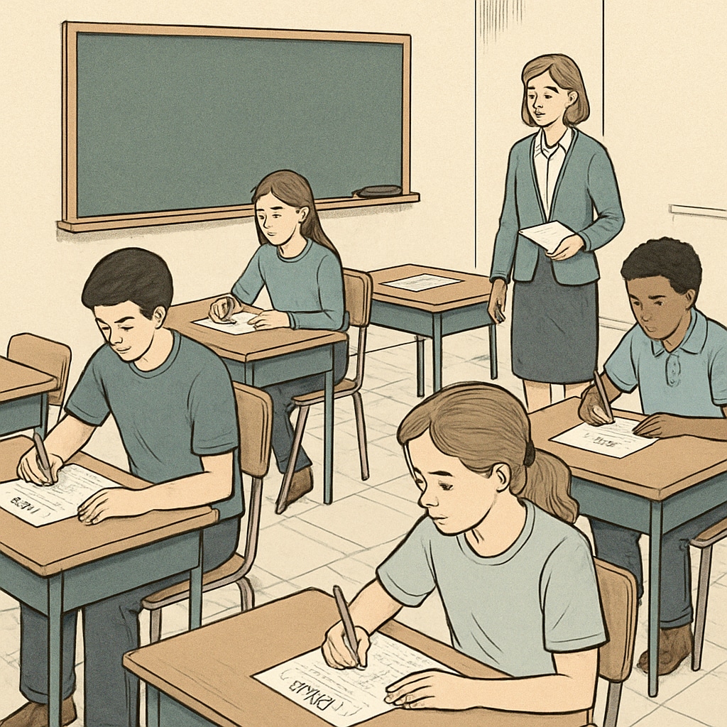 A standardized testing environment, illustrating the role of academic assessments in education systems. A classroom setup for standardized exams, highlighting academic assessment.