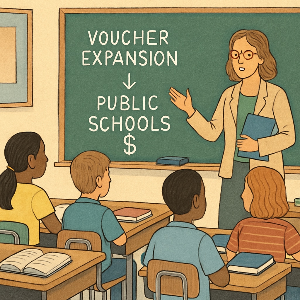 A classroom with students, illustrating the financial challenges faced by public schools due to voucher expansion. Classroom showing public school challenges from voucher programs.