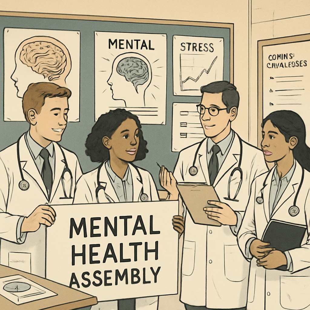 A group of medical students preparing for a mental health assembly in a school setting, with charts and presentation materials visible. Medical students preparing for high school mental health assembly