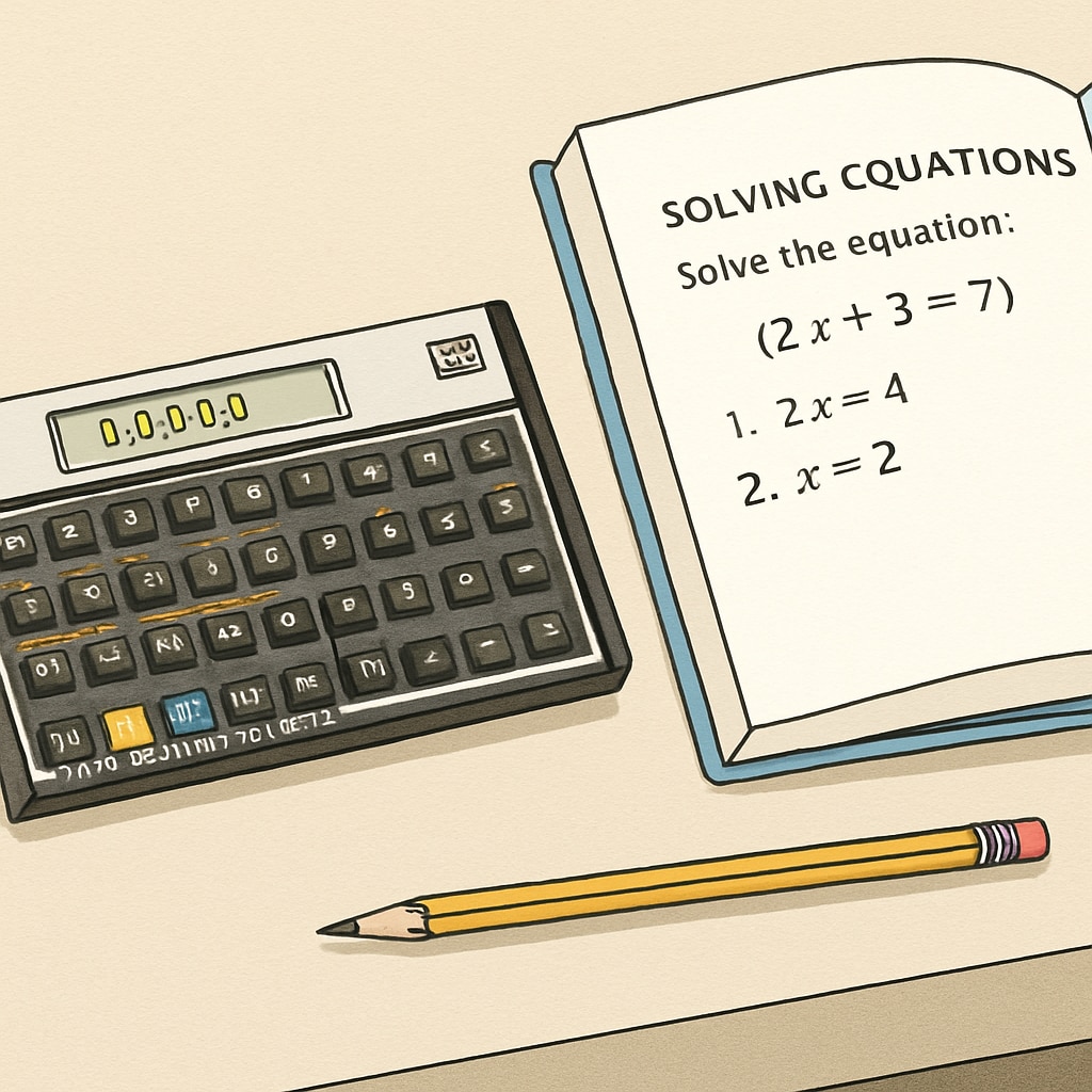 A vintage HP 11c calculator sitting on a desk with a math textbook and pencil. HP 11c calculator with math textbook and pencil, highlighting its role in education.