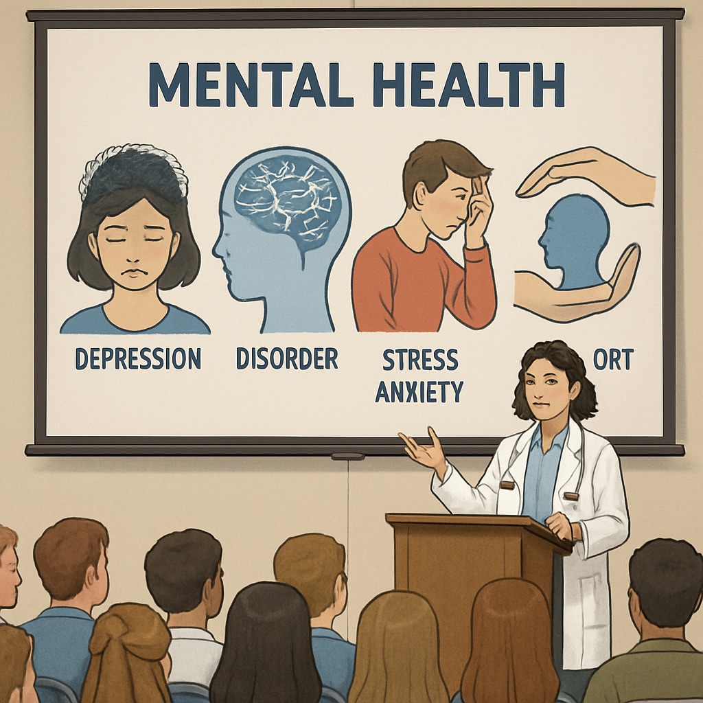 A medical student speaking at a high school assembly, addressing mental health topics with a projector screen showing visuals. Medical student delivering mental health talk at high school assembly