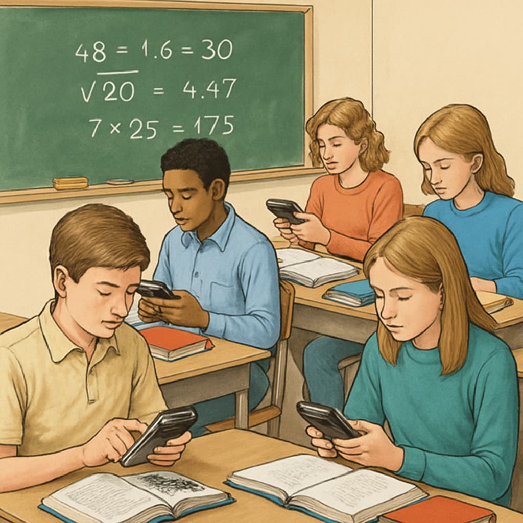 A group of students in a classroom using RPN calculators to solve math problems. Students using RPN calculators in a classroom setting, emphasizing their educational value.