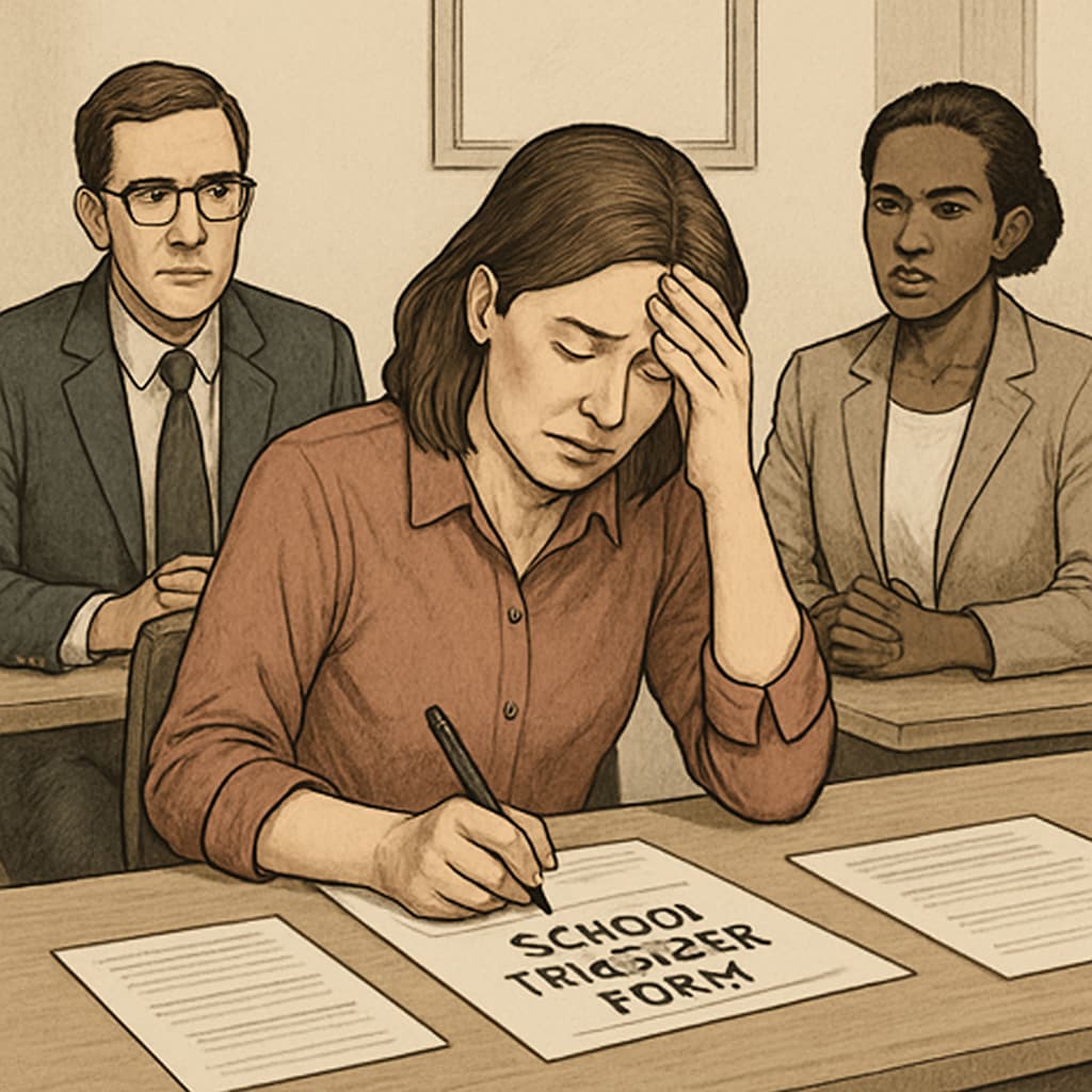 A frustrated parent fills out transfer forms during a meeting with school administrators. The image highlights the emotional toll of navigating complex school transfer processes. Parent completing school transfer forms during a meeting with administrators.