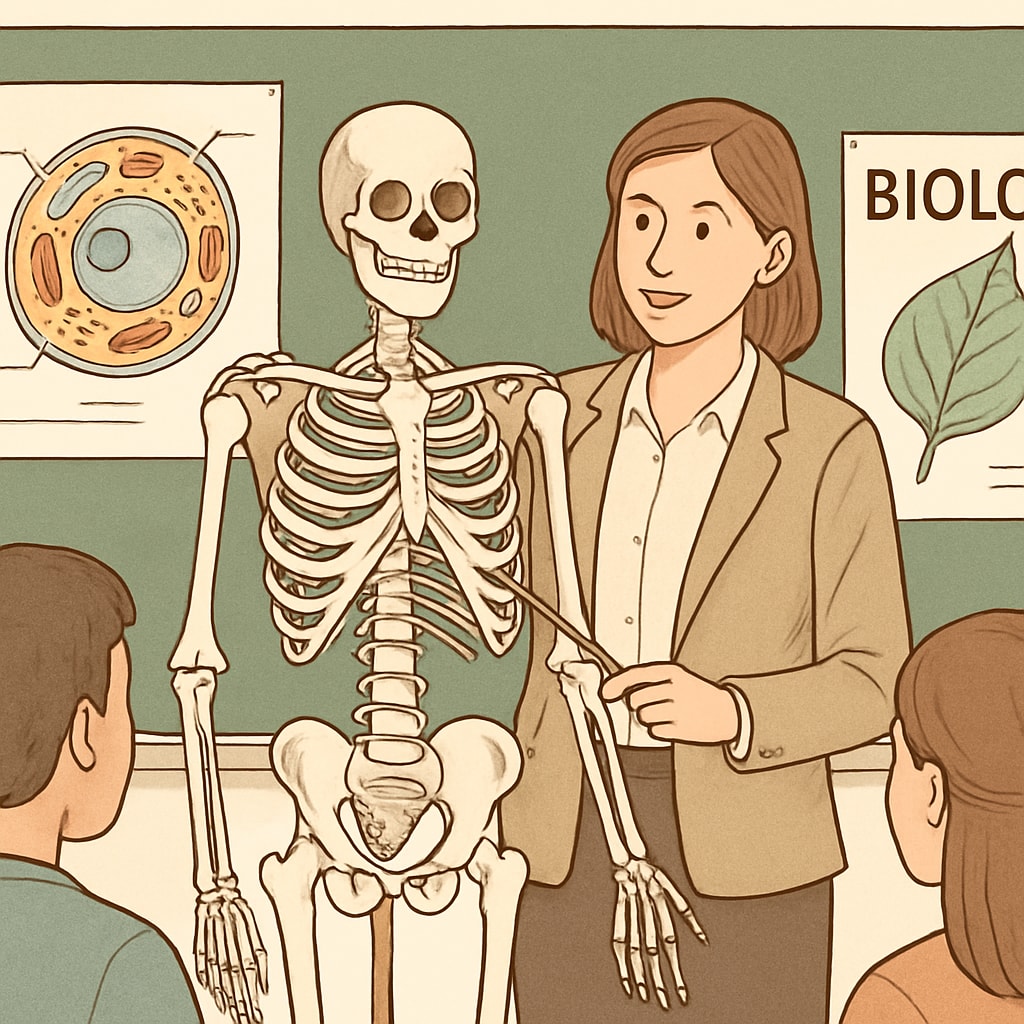 A classroom setting where a teacher is explaining biology concepts using a skeletal model. Biology teacher explaining skeletal structure to students.