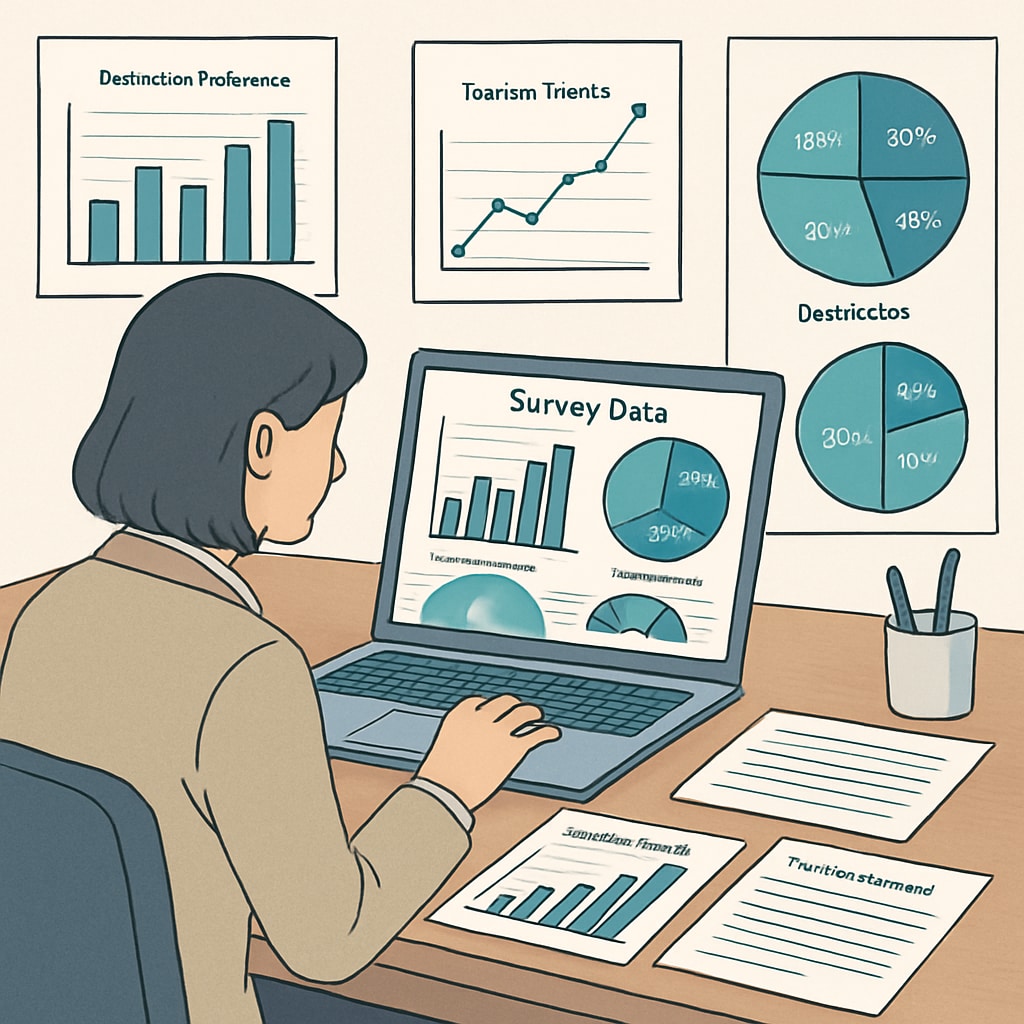 A researcher analyzing survey data on a laptop, with charts and graphs illustrating trends in tourism destination preferences. A researcher analyzing tourism data on their laptop with charts and graphs.