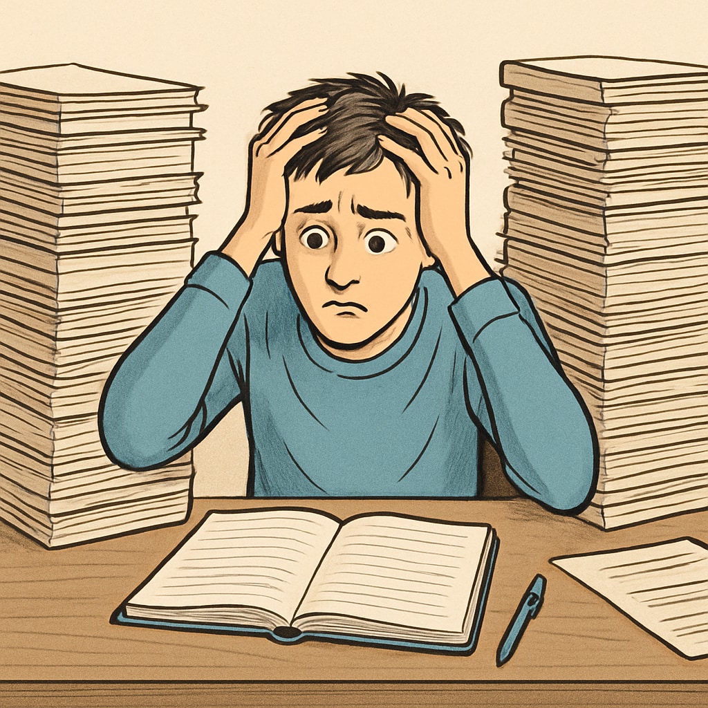 A student looks overwhelmed while sitting at a desk, surrounded by piles of paperwork. The image emphasizes the stress that administrative hurdles can cause for students. Overwhelmed student surrounded by paperwork related to transfer applications.