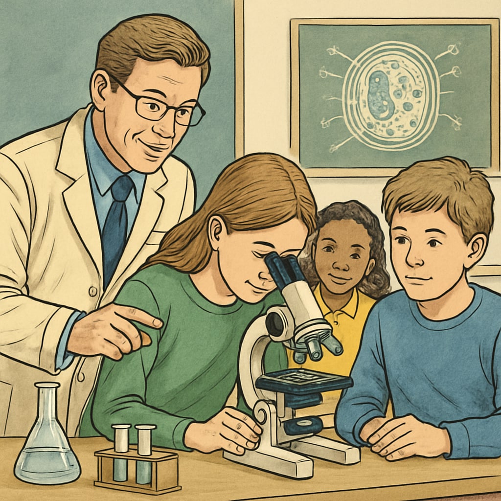 A biology teacher assisting students with a microscope during a lab session. Biology teacher guiding students in a lab activity with microscopes.