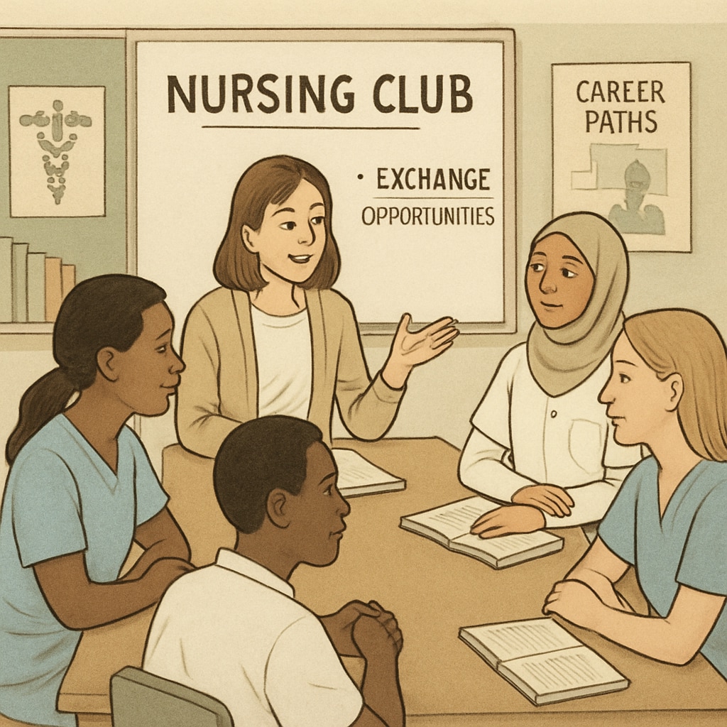 Nursing students in a club meeting discussing careers and programs.