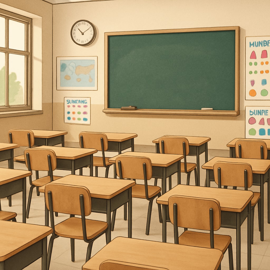A classroom with empty desks symbolizing declining enrollment in public schools due to education voucher programs. Declining enrollment in public schools due to education voucher programs.