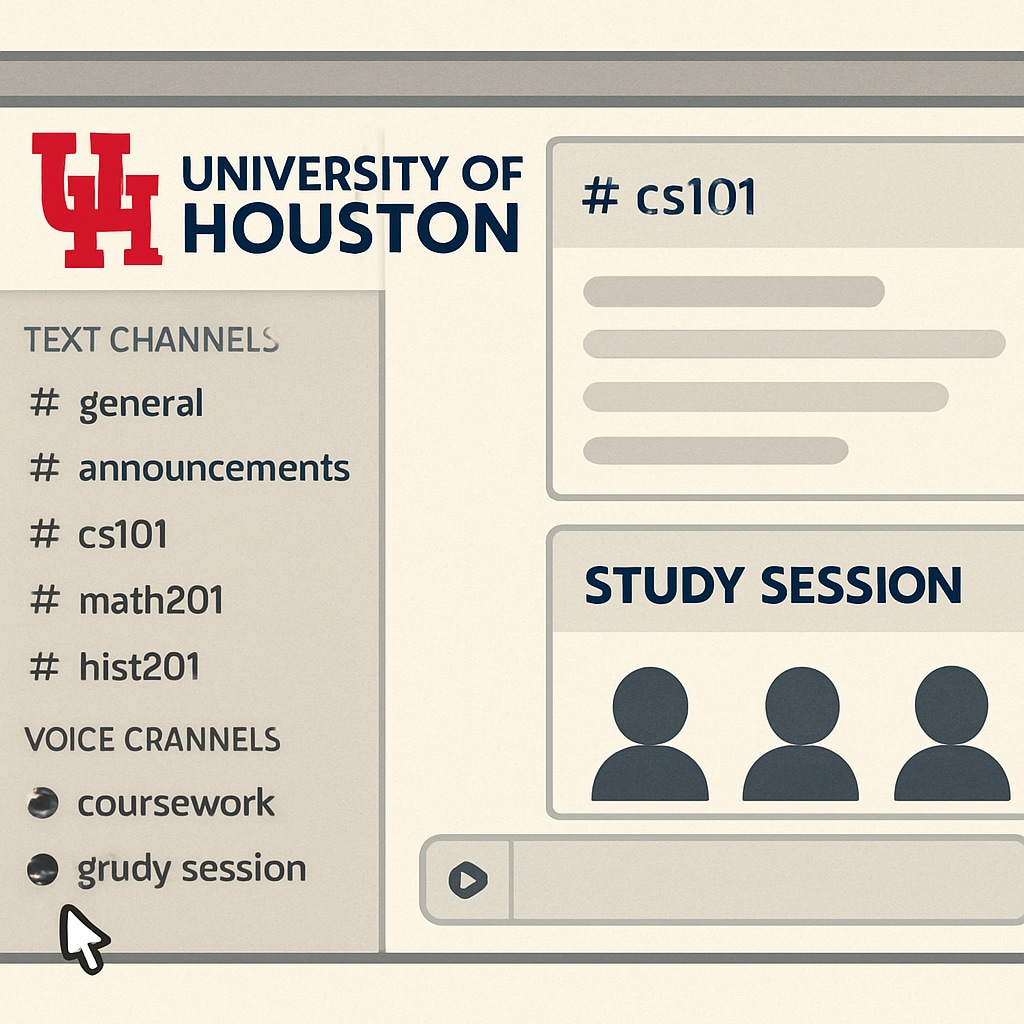 A screenshot of a University of Houston-themed Discord server with multiple channels for coursework discussions and virtual study sessions. University of Houston Discord server screenshot showing study group channels.