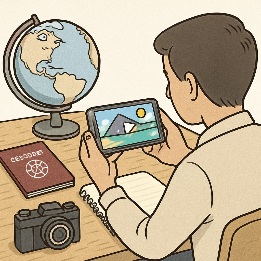 A person watching a short tourism video on a smartphone, surrounded by travel-related items like a globe, passport, and camera. Short tourism videos for master's thesis research featuring travel items.