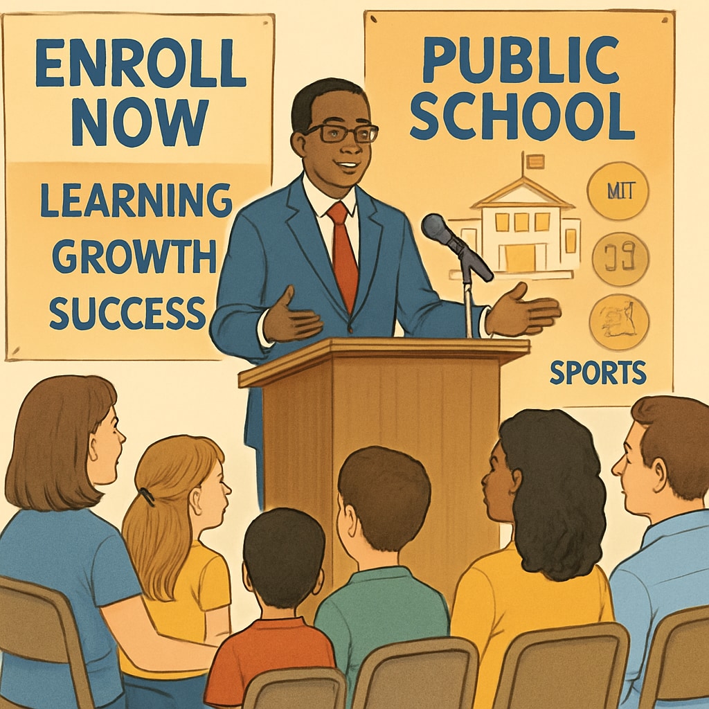 A public school principal speaking at a community event to promote enrollment and programs. Public school principal promoting enrollment and programs at a community event.