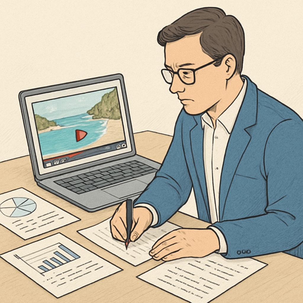 A researcher analyzing short tourism videos on a laptop, with graphs and notes scattered on the desk. Researcher studying short tourism videos for data collection in master's thesis.