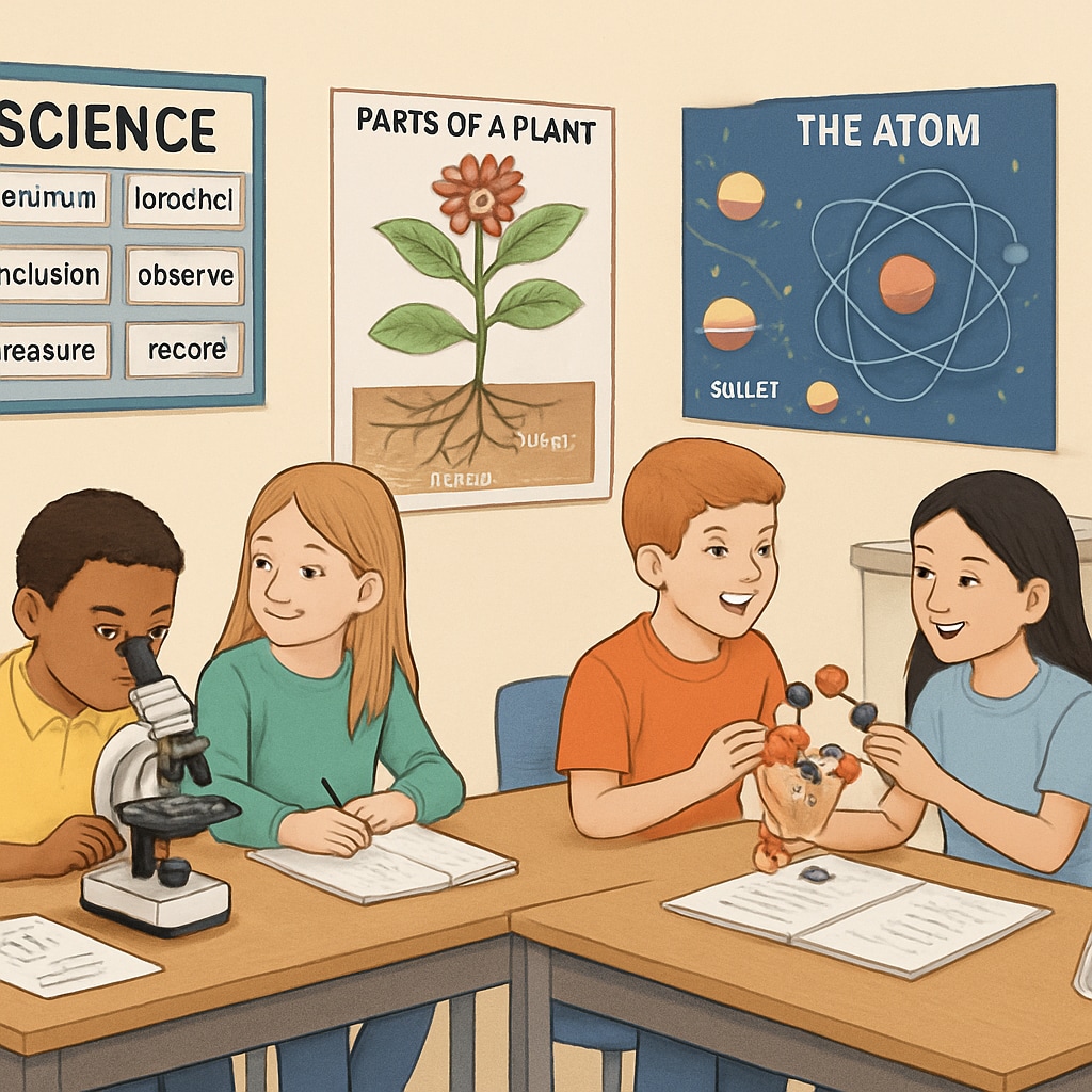 Science classroom with visual aids and English Language Learners collaborating on activities.