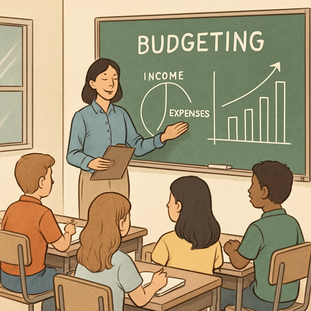 A classroom setting where a teacher is explaining budgeting concepts to students. Classroom lesson on budgeting concepts to teach financial literacy and life skills.