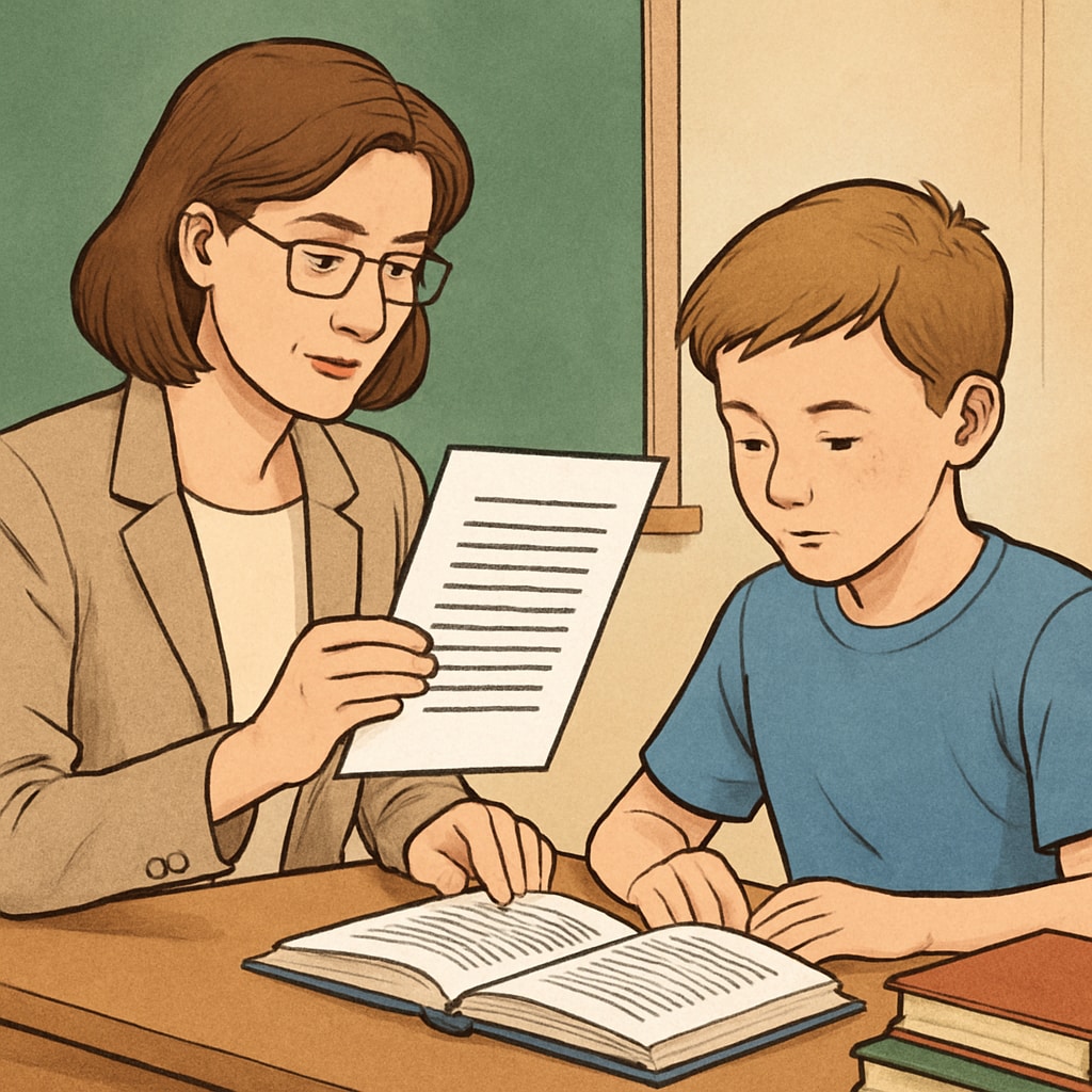A classroom setting where a teacher is analyzing a student's reading material, symbolizing text complexity evaluation. Text complexity evaluation by a teacher in a classroom setting.