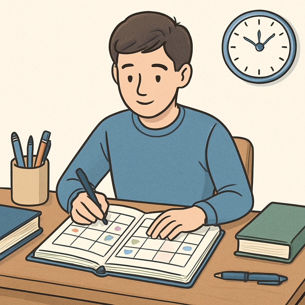 A student using a planner or calendar to organize their tasks and manage time effectively. Student organizing tasks in a planner to practice time management skills.