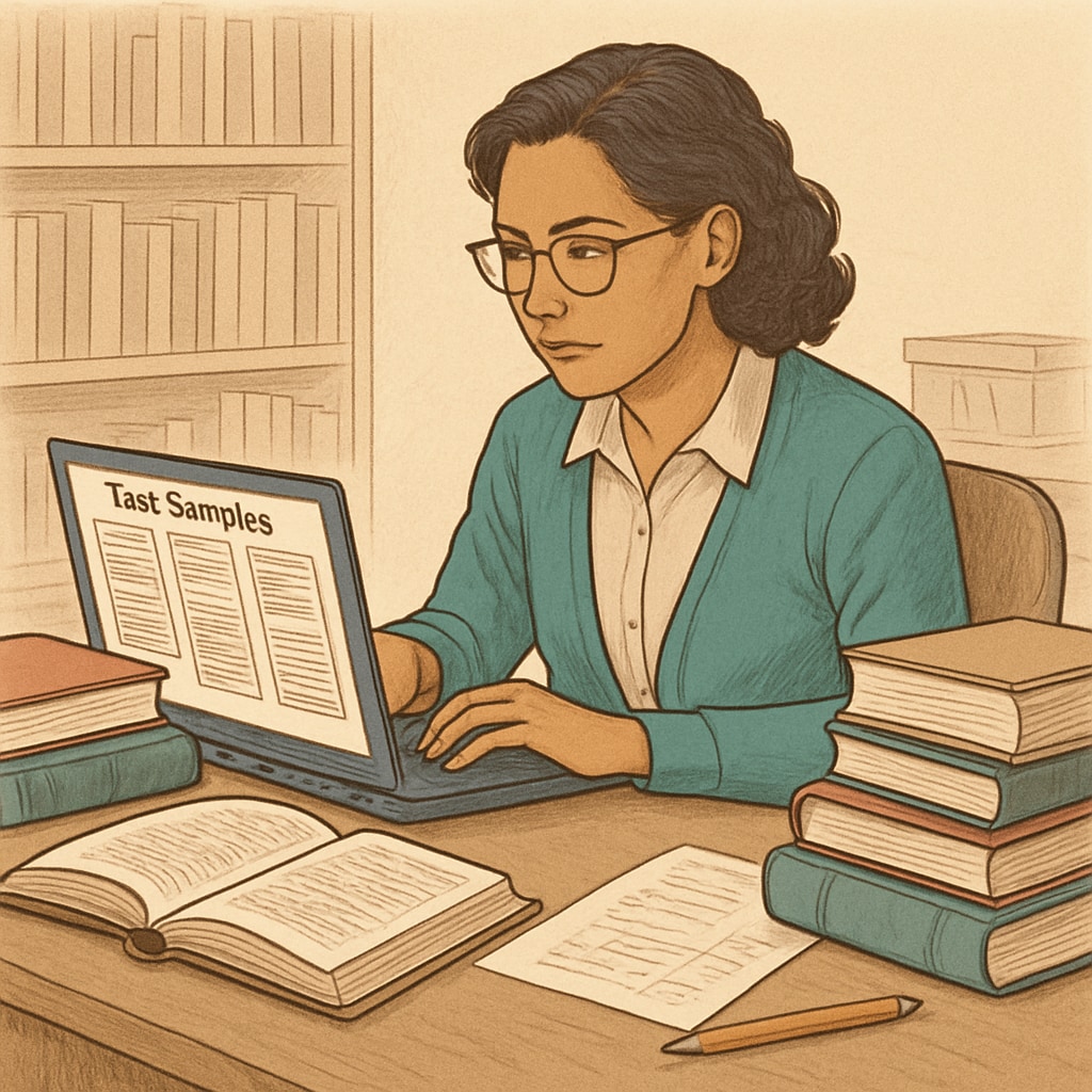 An educator reviewing text samples on a laptop, demonstrating participation in text complexity research. Teacher analyzing text samples for complexity research on a laptop.