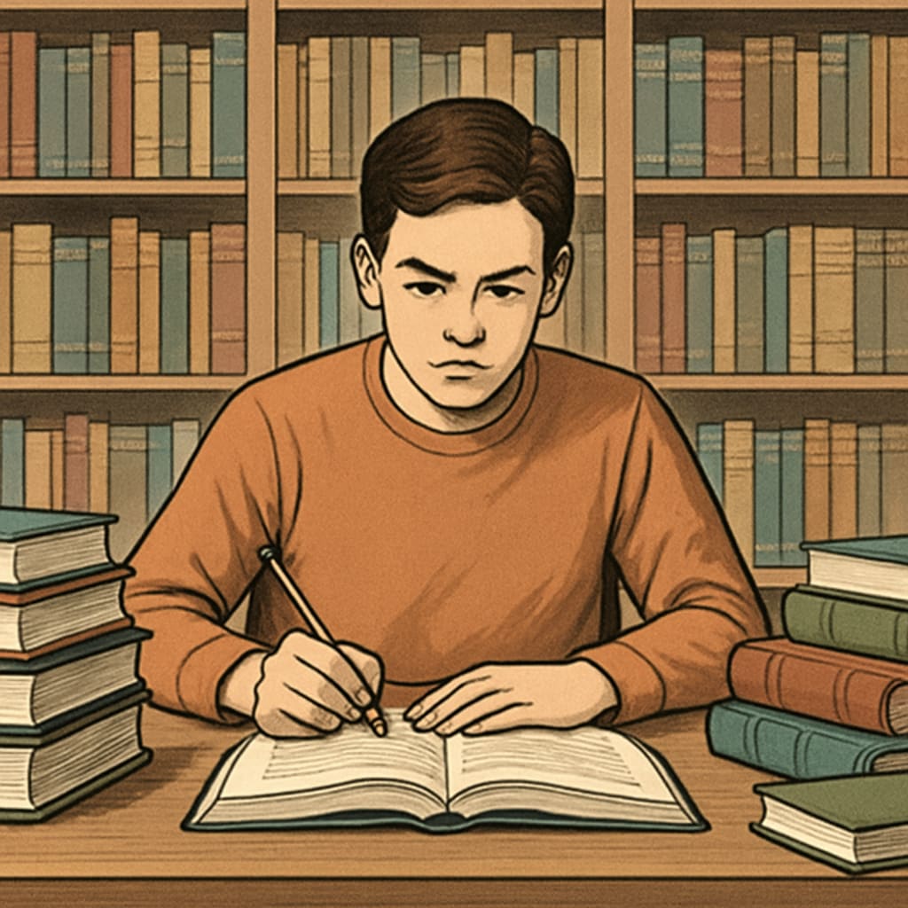 A young adult sitting in a library, surrounded by books, with a determined expression, symbolizing the journey of returning to education. Young adult returning to education in a library setting