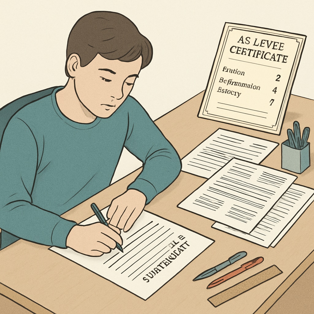 A student writing a personal statement, with AS-level certificates and documents on a nearby desk. Student preparing AS-level university application with certificates visible