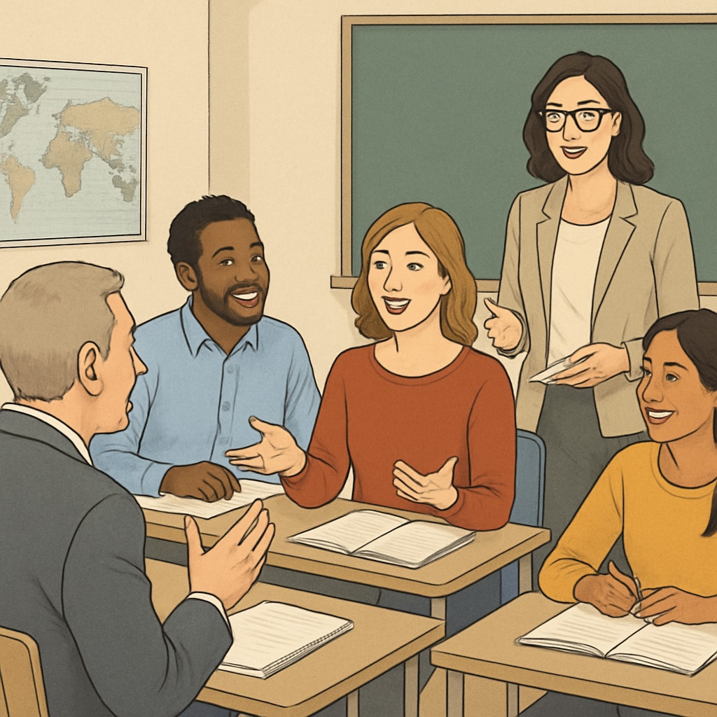 A classroom setting with adult learners engaging in a discussion, representing the inclusive environment of UK education recovery programs. Adult learners discussing education recovery in the UK