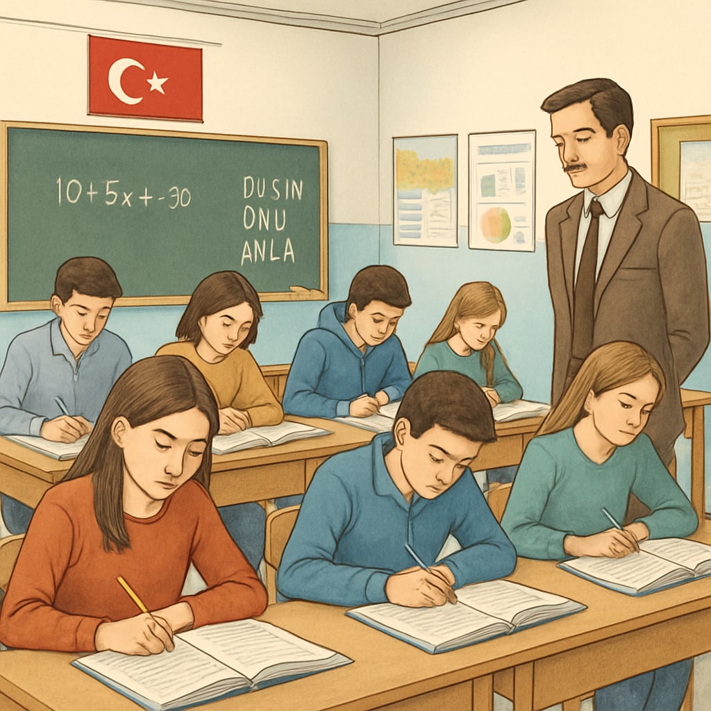 A classroom in Turkey with students preparing for centralized exams, illustrating the intensity of the exam-driven system. Students in Turkey preparing for exams, highlighting exam pressure.