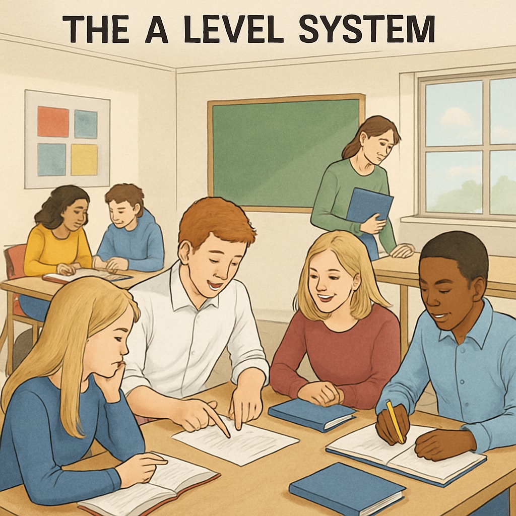A UK classroom with students engaged in collaborative learning, showcasing the flexibility of the A Level system. UK students collaborating in a classroom, showcasing A Level flexibility.
