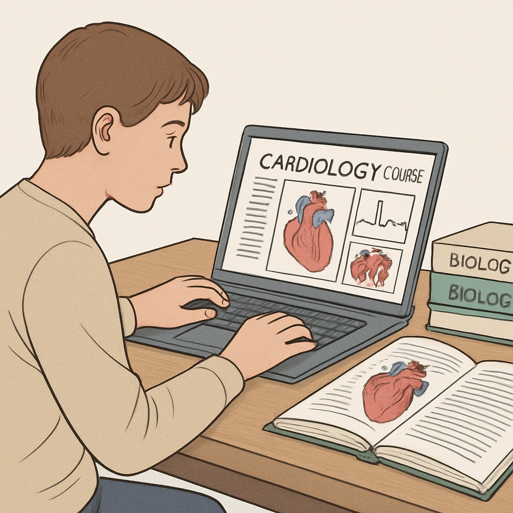 A student studying an online cardiology course on a laptop, surrounded by biology textbooks. Student learning cardiology through online courses, representing non-medical backgrounds.