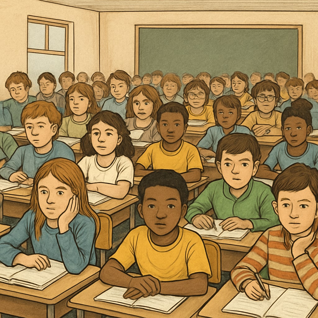 A crowded classroom with no teacher present, illustrating the impact of teacher shortages during protests. An empty teacher's desk in a crowded classroom, representing Teacherless Tuesday and the substitute teacher shortage.