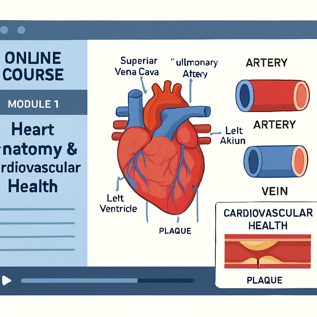 An online course interface displaying a module on heart anatomy and cardiovascular health. Online course interface showing cardiology topics for non-medical learners.