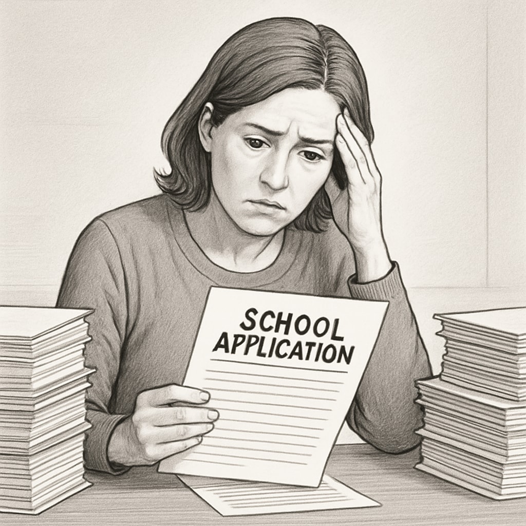 A concerned mother sitting at a desk with stacks of paperwork, visibly overwhelmed as she navigates the school application process for her special needs child. A mother reviewing school applications for her child with ADHD and autism.